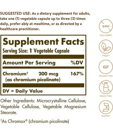 Solgar Chromium Picolinate 200 mcg â€“ 180 Vegetable Capsules for Metabolism Support - Buy Online on GoSupps.com