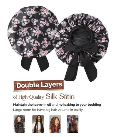 YANIBEST Silk Bonnet for Sleeping - Double Layer Satin Sleep Cap for Curly Natural Hair - Large Black Floral - Buy Online on GoSupps.com