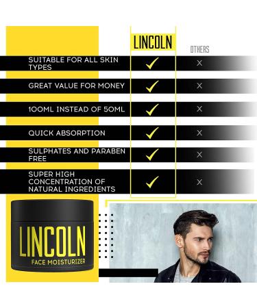 LINCOLN Natural Face Moisturiser For Men - Mens Moisturiser For Acne Prone Skin - Mens Face Moisturiser For Dry Skin & Oily Skin Moisturiser - Mens Face Cream & Moisturiser Face Cream for Men 100g - Buy Online on GoSupps.com