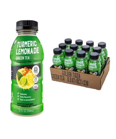 Organic Golden Tiger Turmeric Lemonade with Green Tea - Inflammation Relief, Immunity Support & Daily Recovery Beverage : Bio Active Curcumin + Green Tea + Ginger - 12 Bottles - Recover with Plant Based Power - 20 Calories