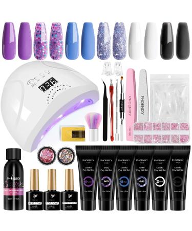 Poly Nail Gel Kit, Phoenixy 6 Colors Poly Extension Gel Nail Kit with 48W LED U V Nail Lamp Manicure Tools Poly Nail Gel Starter Kit Gift for Women Retro Purple