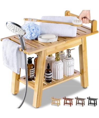 ETECHMART 2-Tier Bamboo Shower Bench, 24 Inch Spa Stool with Storage Shelf for Inside Shower Legs Shaving, Entryway or Bathroom, A-Shaped Shower Bath Seat for Seniors Adults Disabled Women, Natural 24×20×12 Inch+Bamboo