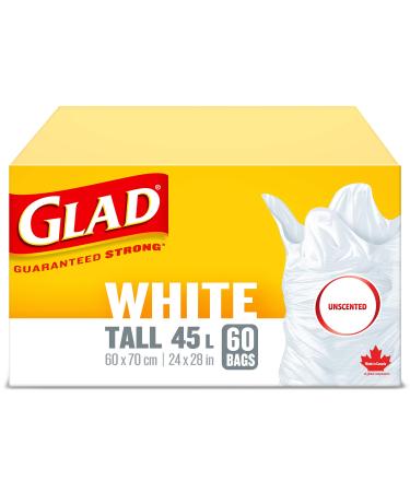 Glad White Garbage Bags - Tall 45 Litres - Unscented 60 Trash Bags Made in Canada of Global Components Tall. 60 bags