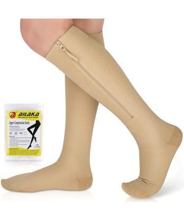Ailaka Zipper Compression Socks Medical 15-20 mmHg Knee High Compression Socks for Men Women Close Toe Support Socks for Varicose Veins Edema Recovery Pregnant Nurse 2X-Large (1 Pair) Beige