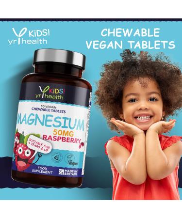Kids Magnesium Tablets for Sleep & Anxiety 50mg - Chewable Raspberry Flavour - Vegan Society Registered - 2 Months Supply - Made in the UK - Buy Online on GoSupps.com