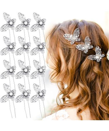 24 Pieces Butterfly Crystal Pearl Hair Pin Butterfly Hair Pins Silver Bridal Butterfly Hair Clips Butterfly Hair Accessories Bride Headwear for Women Girl Bride Wedding Valentine's Day