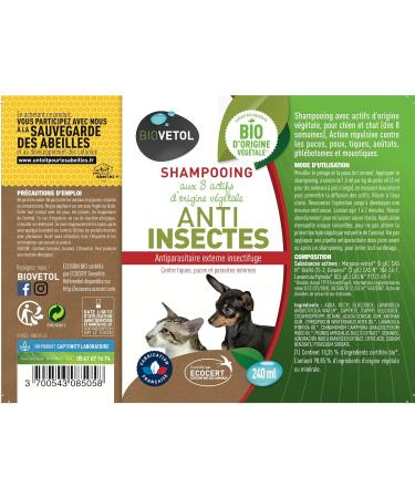 Biovetol - Organic Anti-Insect Care Shampoo - Ecocert Certified Organic Insect Repellent - Anti-fleas Anti-ticks - Care for Dogs Cats Puppies Kittens - 240 ML - Buy Online on GoSupps.com
