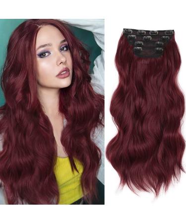 QGZ Burgundy Clip in Hair Extensions for Women 4PCS Set of Thick  Synthetic Long Wavy Hair Extension 20 Inch 20 Inch Burgundy
