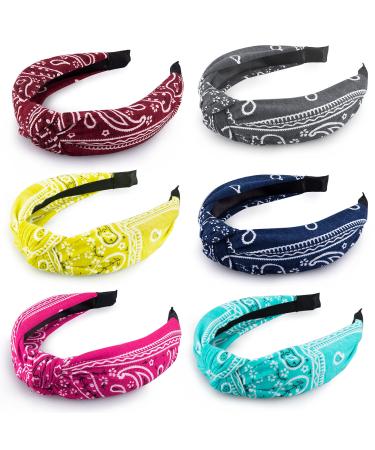 Duufin 6 Pieces Boho Headbands Vintage Paisley Bandana Flower Printed Knot Headbands Twisted Knot Headband Bohemian Headbands for Women and Girls Lively Color