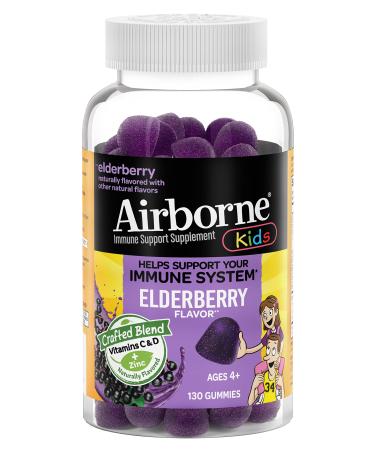 Airborne KIDS Elderberry + Zinc & Vitamin C Gummies Kids Immune Support Zinc Gummies with Powerful Antioxidants Vit C D & E - 130 gummies Elderberry Flavor Elderberry 60.0 Servings (Pack of 1)