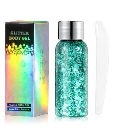 URAQT Body Glitter Gel Holographic Mermaid Sequins Glitter Chunky Cosmetic Glitter Face and Body Gel Sparkling Festival Party Lotion Glitter for Face Body Eye Hair Nail Makeup and DIY Art Green