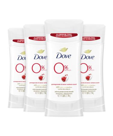 Dove 0% Aluminum Deodorant Stick Pomegranate and Lemon Verbena 4 Count Non-irritating Deodorant for Underarm Care Kindest Aluminum free Deodorant 2.6 oz Pomegranate and Lemon Verbena 2.6 Ounce (Pack of 4)