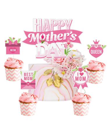 Happy Mother s Day Cupcake Topper Pink Flower Best Mom Ever Cupcake Picks - I Love You Mom Mom's Birthday Party Decorations