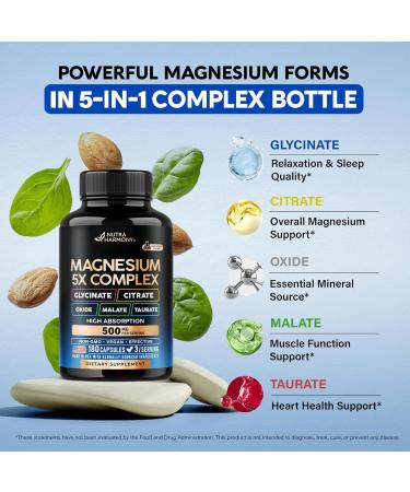 Magnesium Supplement - 5 in 1 Complex | Glycinate | Citrate | Malate | Taurate | Oxide - Made in USA - Stress Muscle & Heart Support - Vegan Natural Non-GMO - 180 Capsules 2 Month Supply 180 Count (Pack of 1) - Buy Online on GoSupps.com