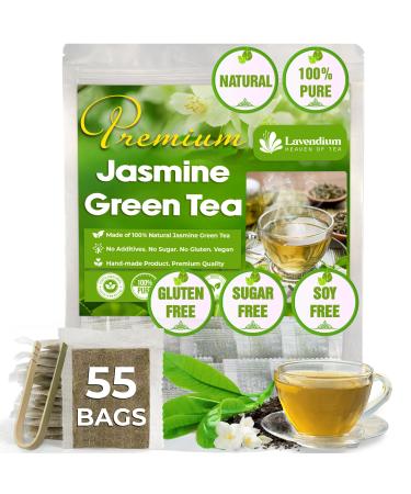 Lavendium Premium 55 JasmineGreen Tea Bags 100% Natural & Pure from Jasmine Green Tea. Jasmine Green Herbal Tea. Made with Natural Material Tea Bags. No Sugar No Gluten Vegan. Jasmine 55 Bags