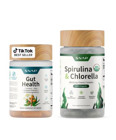 Snap Supplements Gut Health & Organic Spirulina Chlorella Bundle Probiotic + Digestive Enzymes + Greens Supports Digestion Detox Energy & Immune Health 50 + 120 Vegetarian Capsules (1 Month Supply) Gut Health + Spirulina