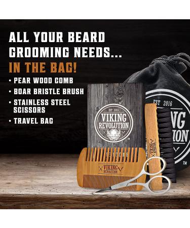Viking Revolution Beard Comb & Brush Set for Men - Boar Bristle Brush, Pear Wood Comb - Grooming Kit with Travel Pouch - 4 Piece Set - Buy Online on GoSupps.com