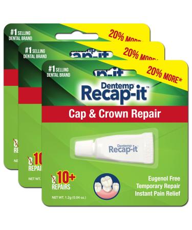 Dentemp Recap-It Cap and Crown Repair Dental Kit - Fast Acting Formula Dental Cement for Loose Caps (Pack of 3) - Temporary Cement for Crown and Bridge