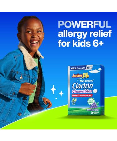 Juniors Claritin Max Strength 10mg Chewables One Dose for 24-Hour Non-Drowsy Allergy Relief Children's Allergy Medicine Kids Chewable Allergy Medicine Ages 6+ Grape Flavored 30 Chewable Tablets - Buy Online on GoSupps.com