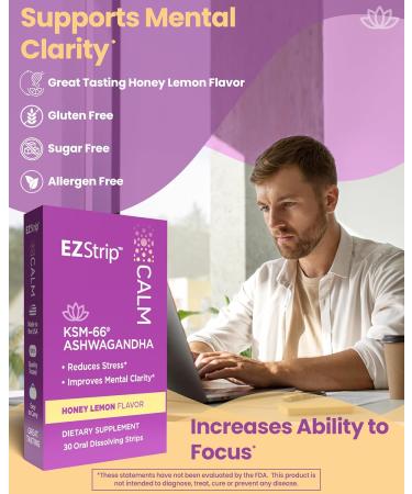 EZStrip Calm Supplement - Honey Lemon Flavor 30 Count - Dissolving Calming Strips with Ashwagandha KSM 66 Help Support Stress Relief - Made in The USA Sugar and Gluten-Free - Buy Online on GoSupps.com