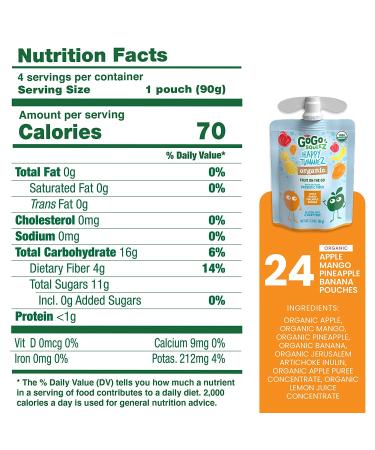 GoGo squeeZ Happy TummieZ Organic Apple Mango Pineapple Banana - 24 Pack Kids Snacks, Gluten Free, Vegan, Prebiotic Fiber - Buy Online on GoSupps.com
