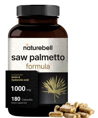 NatureBell Saw Palmetto Supplement 1000mg | 180 Capsules  with Hyaluronic Acid 50mg & Biotin 10 000mcg - Supports Hair Growth & Skin Health for Women and Men  Combats Frequent Bathroom Trips