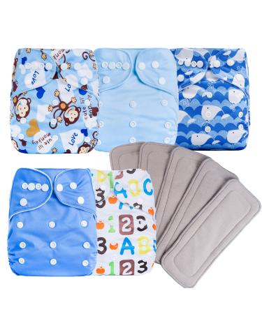 10 pcs Baby Cloth Diapers Adjustable Washable Reusable for Baby Cloth Pocket Diapers 5 Pack + 5 Bamboo Inserts (Refreshing Blue)
