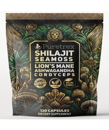 PURETREX Shilajit Seamoss Capsules with Lion's Mane, Ashwagandha, and Cordyceps 120 Vegan Capsules for Energy, Focus, and Wellness