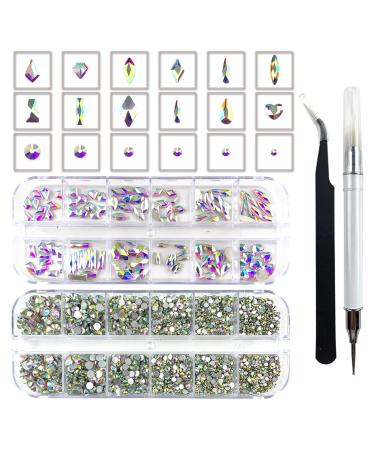 2640 Pcs Nail Art Rhinestones - Flat Back Multi-Shaped & Round Crystals for Face Gems  Nail Art  Craft Decorations with Picker Pencil and Tweezers. (120 Crystals+2520 Clear AB Rhinestones)