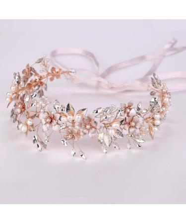Oriamour Wedding Headband Bridal Headpiece Flower Design With Genuine Freshwater Pearls And Ribbons Hair Accessories For Bride (Rose Gold)