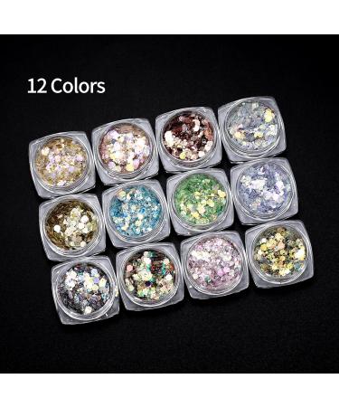 12 Colors Holographic Nail Glitter & Makeup Sequins - Glitter Powder for Face Hair & Body Decoration | Festival Essentials with Brush - Buy Online on GoSupps.com