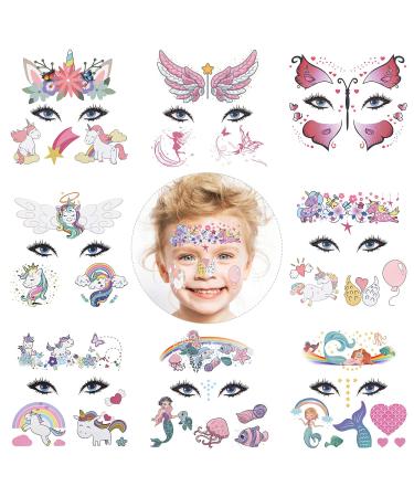 HOWAF Unicorn Mermaid Butterfly Face Tattoos Kit for Kids  8 Sheets Fake Temporary Face Paint Tattoos for Kids Boys Girls Party Bag Filler Birthday Party Supplies Favors Halloween Makeup Skin Safe