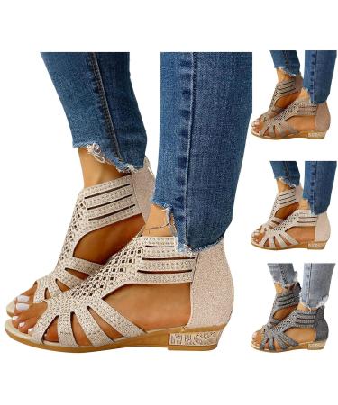 Women's Jewel Rhinestones Design Ankle High Flat Sandals Gladiator Sandals Comfort Flat Sandals Summer Shoes Zip Closure Beige 41