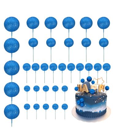 Auliuse 35Pcs Ball Cake Toppers Blue Foam Balls Cake Decoarations Glitter Balls Cupcake Topper DIY Cake Insert Toppers Decoration for Birthday Wedding Outer Space Theme Party Supplies