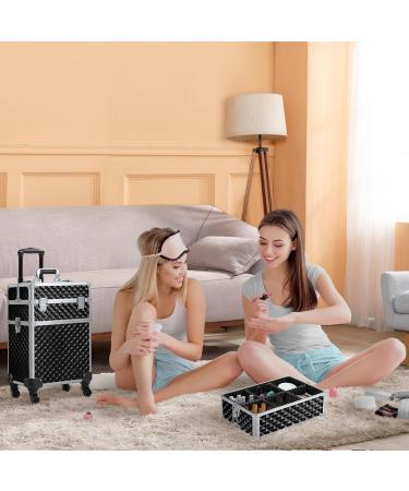 Yaheetech 3 in 1 Rolling Makeup Train Case | Professional Cosmetic Trolley with Swivel Wheels and Key | Large Aluminum Suitcase with Diamond Pattern - Black - Buy Online on GoSupps.com