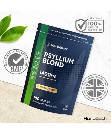 Psyllium Blond Gelules 1400 mg | 180 Gelules Vegan | Fibre de Husk Haute Dosage | Pr biotique naturel | Horbaach - Buy Online on GoSupps.com