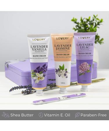 Fathers Day Gifts: Lavender Hand Lotion Set - 3 Luxury Hand Creams Gift Set with Lavender Jasmine, Lilac, and Vanilla scents - Includes Nail Filer in Metal Box - Enriched with Vitamin E & Shea Butter - Paraben Free - Buy Online on GoSupps.com