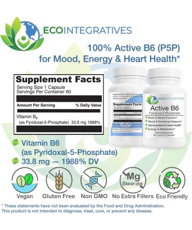 EcoIntegratives Active B6 33.8 mg Pyridoxal 5-Phosphate (P5P) High Potency Active Vitamin B6 for Energy Mood Nerve and Heart Support* Non-GMO Gluten Free 60 Vegetarian Capsules - Buy Online on GoSupps.com