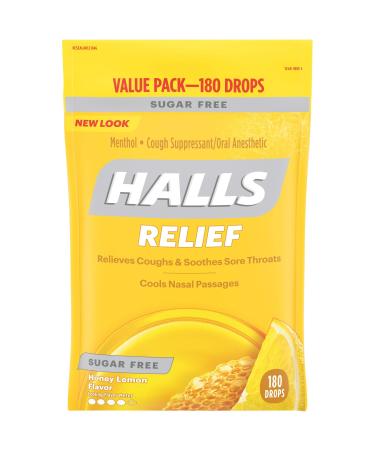 HALLS Relief Honey Lemon Sugar Free Cough Drops, Value Pack, 180 Drops 180 Count (Pack of 1)