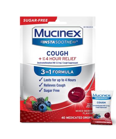 Mucinex Instasoothe Sugar Free Cough Drops Cough Medicine for Adults with Dextromethorphan HBr Non Menthol Cough Drops Cough Suppressant Lozenges Mixed Berry Medicated Cough Drops 40ct