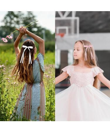 WLLHYF 4Pcs Tassel Ribbon Hair Clips Silky Satin Bows Hair Barrettes Long Tail Bowknot Ponytail Holder Metal Slides Claw Hair Valentine's Day Accessories for Women Girls Kids White+Pink - Buy Online on GoSupps.com