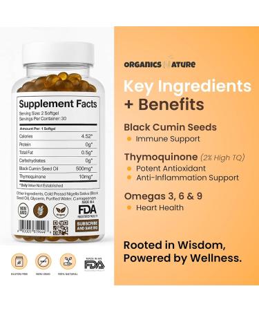 ORGANICS NATURE Black Seed Oil Cold Pressed Capsules - Immunity Support Black Cumin Seed Oil High Thymoquinone Non-GMO & Vegan Nigella Sativa Omega 3 6 9 1000MG Per Serving 60 Softgels - Buy Online on GoSupps.com