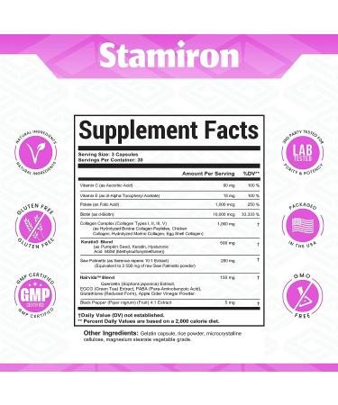 Stamiron Hair Skin Nails Vitamins for Women - Biotin 10000mcg, Collagen 1000mg, Keratin, Hyaluronic Acid & More - Hair Growth, Nail & Skin Health - USA Made - Buy Online on GoSupps.com