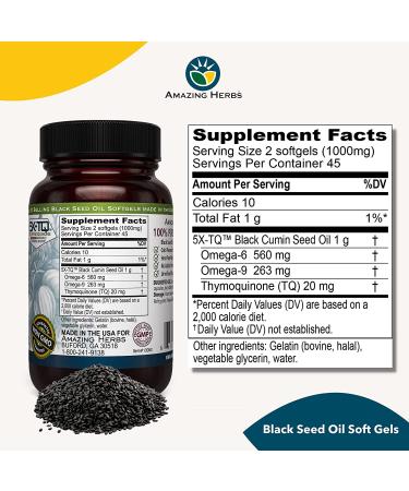Amazing Herbs Premium Black Seed Oil Capsules - Cold Pressed Nigella Sativa, 90 Count, 500mg - Supports Digestive Health, Immune Function, and Brain Health - Gluten Free, Non-GMO - Buy Online on GoSupps.com