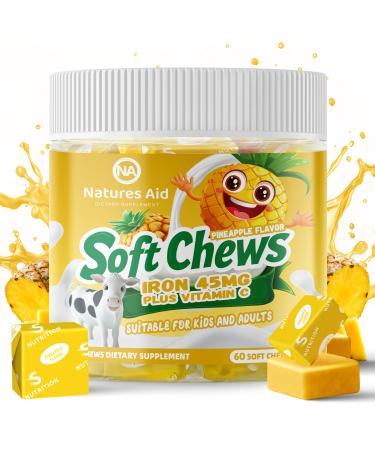 Chewable Iron Supplement for Women & Men and Kids - Pineapple Flavor Iron Vitamin C Soft Chew for Max Absorption Iron as Ferrous Fumarate Ideal for Iron Deficiency 2 Month Supply