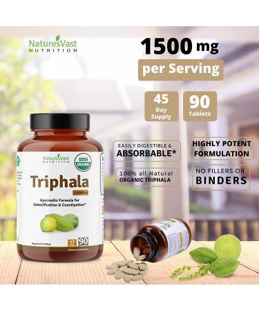 Organic USDA Certified Triphala Tablets - 1500mg Gut Health & Detox Formula | Colon Cleanse, Immunity Boost, Vegan Non-GMO Gluten Free | 90 Tablets - Buy Online on GoSupps.com