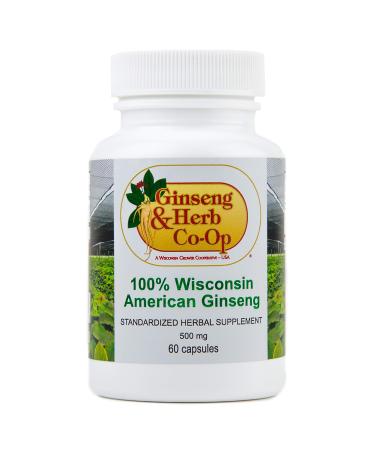 100% Pure Wisconsin American Ginseng Capsules - 500mg. Authentic Panax Quinquefolius. Potent Ground Ginseng Root - No Fillers, Binders or Other Additives.