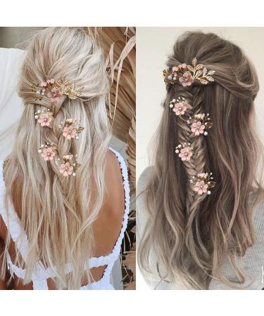 Bridal Flower Wedding Hair Pins - Crystal Pearl Clips Headpiece for Brides - Cherry Blossoms Pink - Set of 5 - Buy Online on GoSupps.com