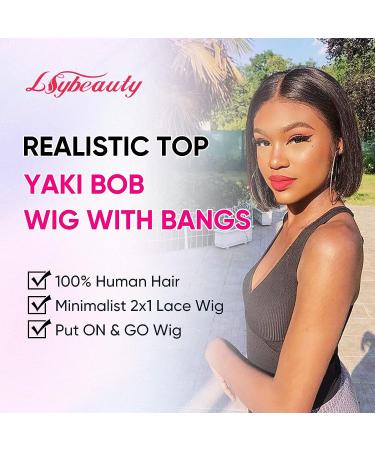 LSYBEAUTY 10 Short Black Bob Wig with Bangs | 100% Brazilian Human Virgin Hair | Yaki Straight | Glueless | Minimalist Lace Scalp | 180 Density - Buy Online on GoSupps.com