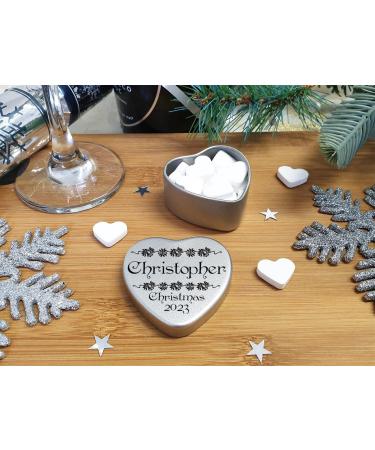 Luxury Personalised Christmas 2023 Place Settings for the table personalised heart shaped tin festive holly bells design Filled with White Heart Shaped Mints after Christmas dinner - Buy Online on GoSupps.com